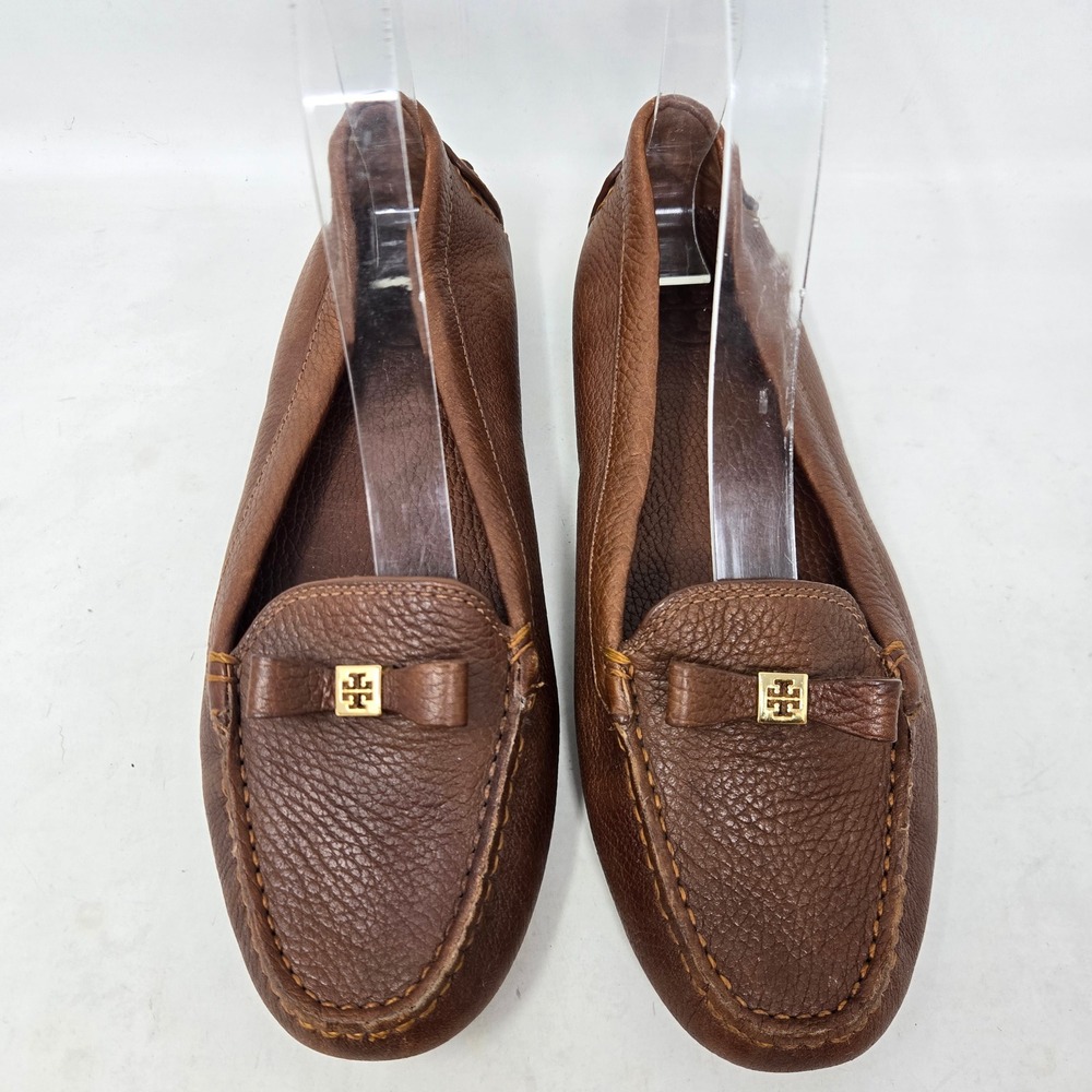 Tory Burch Brown Pebbled Leather Bow Driving Loafers Flats Gold Logo Size 8M